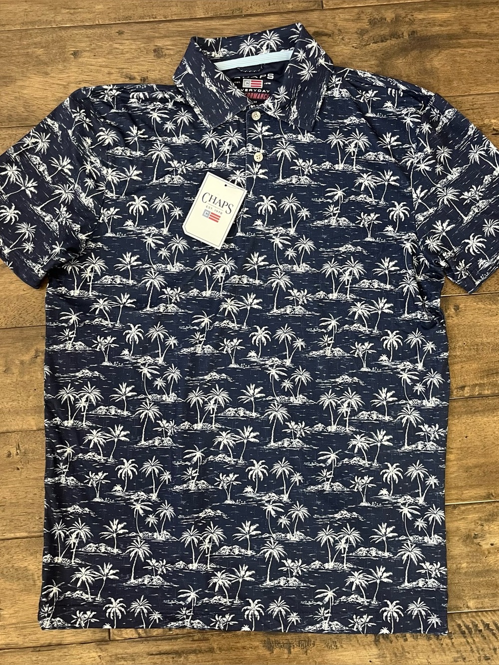 Men’s NWT Chaps navy blue polo shirt with palm tree print #preppy #summer